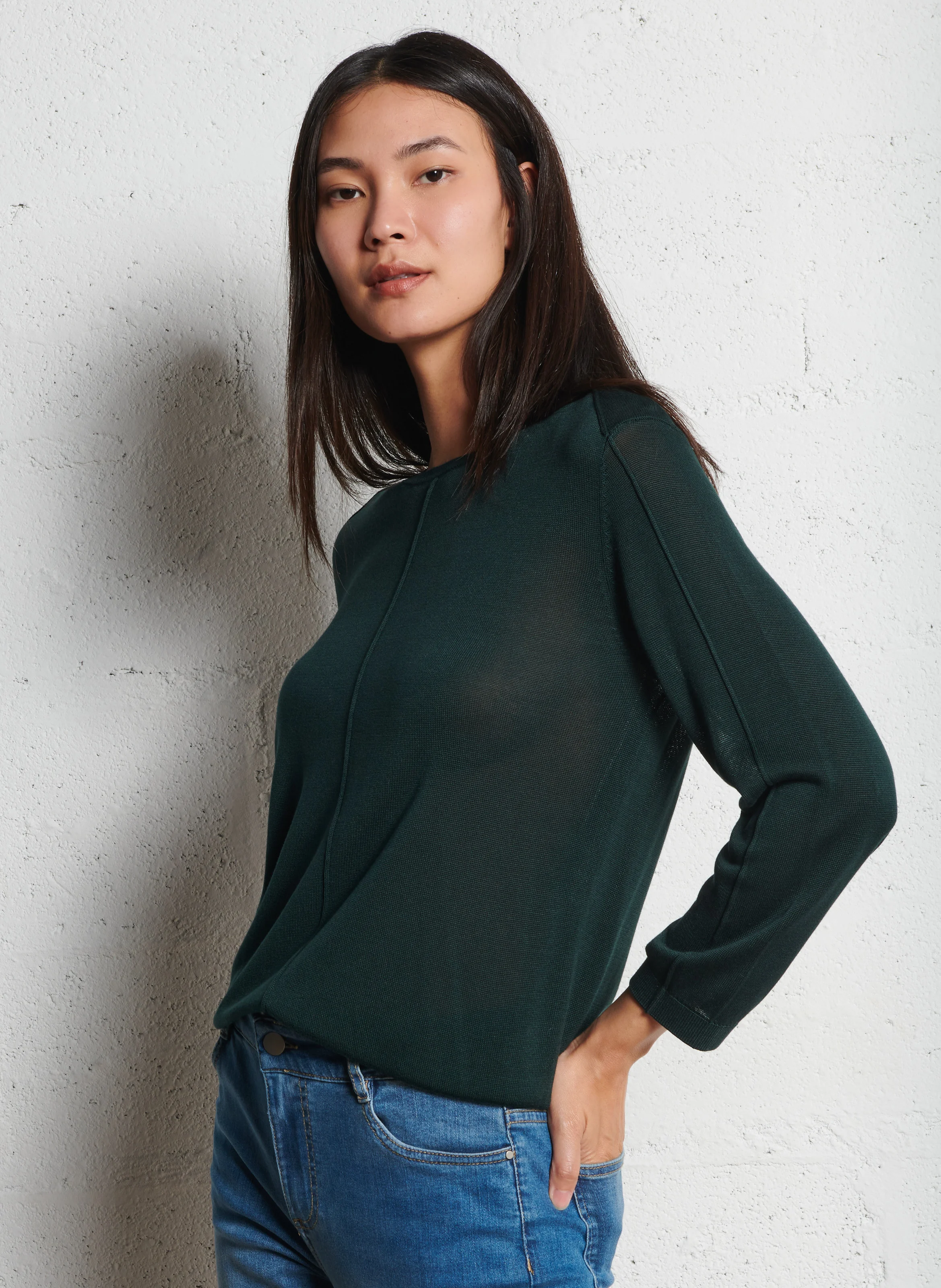 CARLY - Pull droit col rond en maille fine | Vert