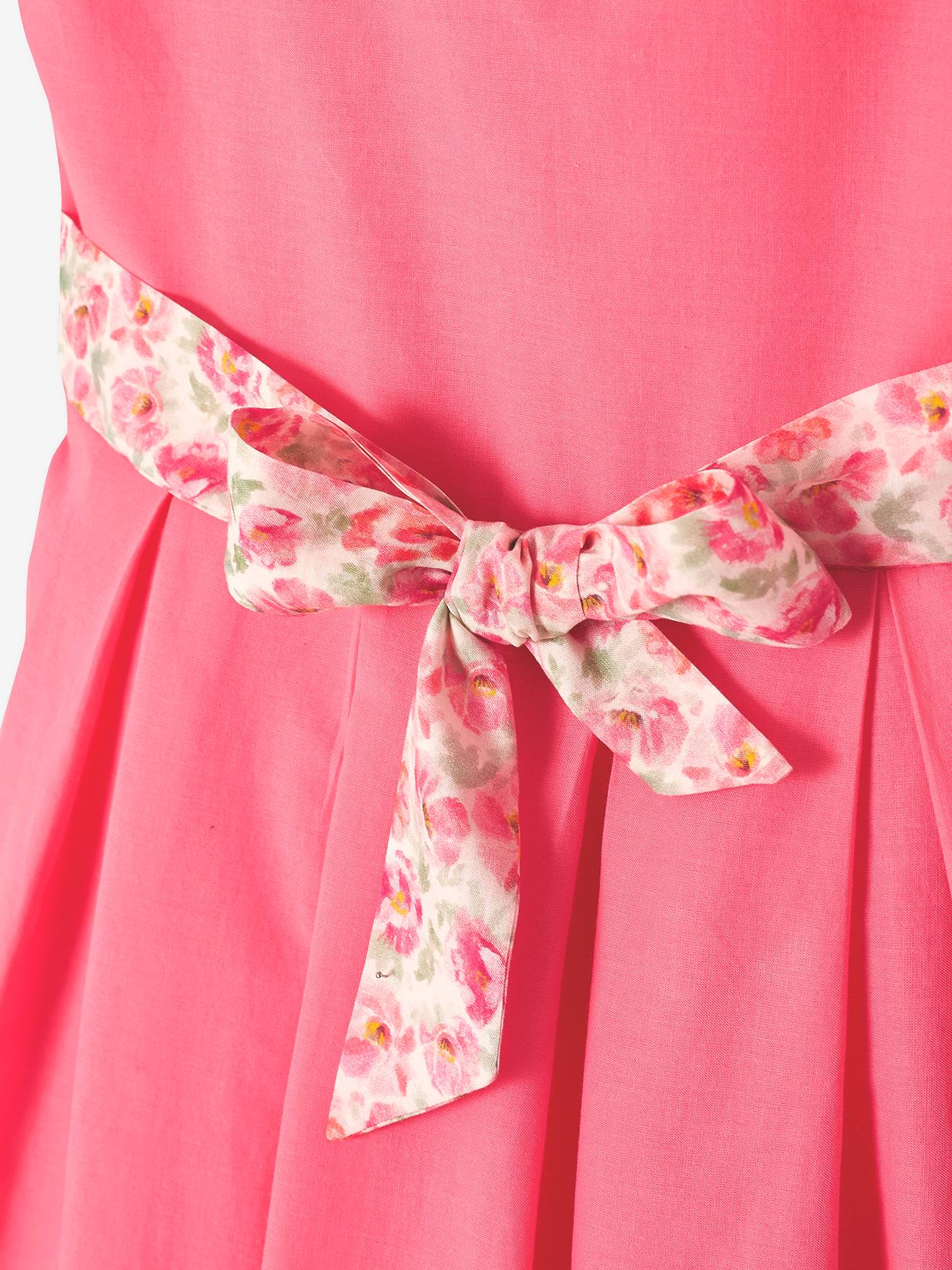 Vestido de festa com detalhes em bordado inglês, rosa médio liso para menina.