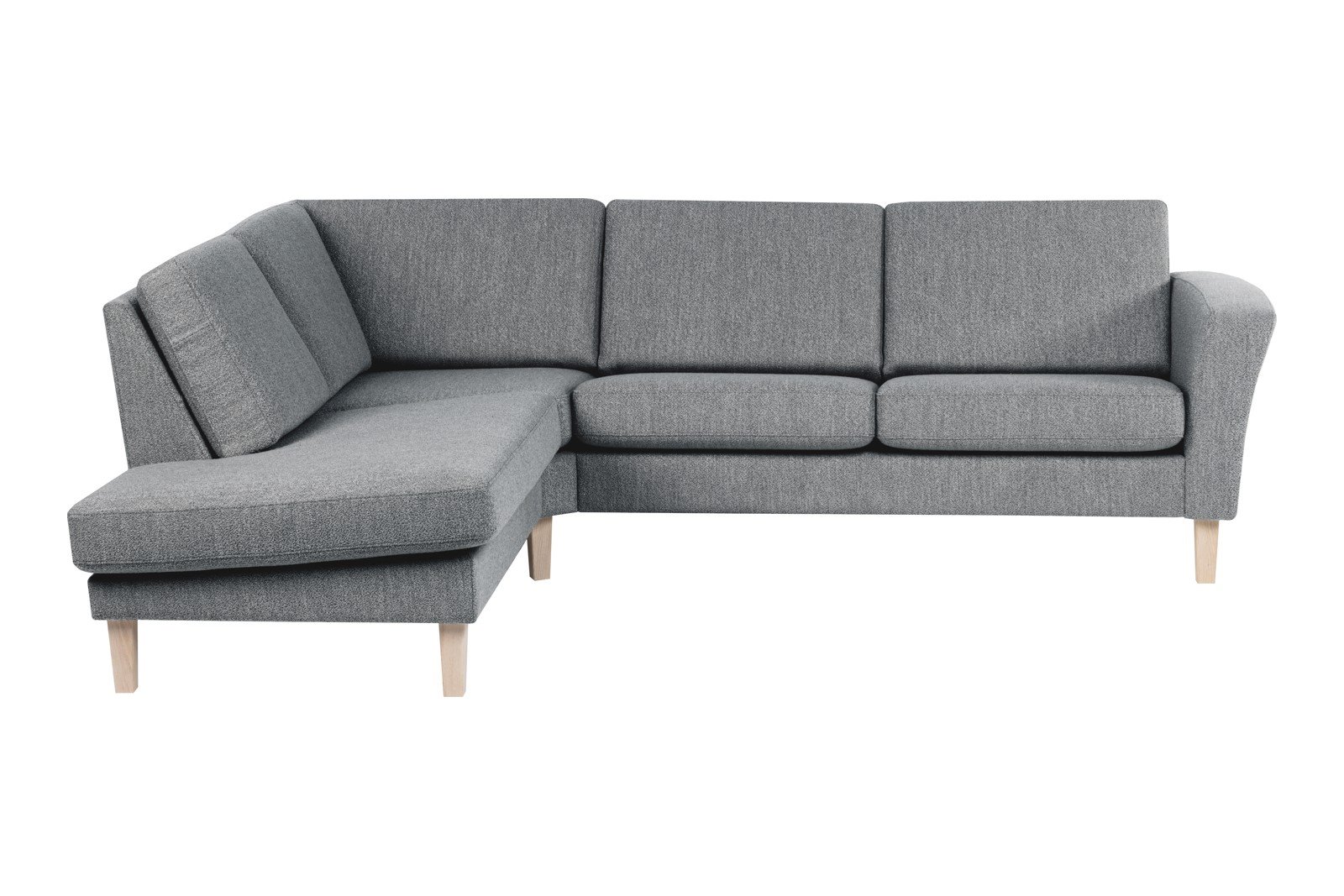 Slogen hjørnesofa Oppsett AV. 2,5-seter med åpen ende venstre. Tekstil Viva Grey med standard ryggpute. Vange A og hvitpigmentert ben 178.