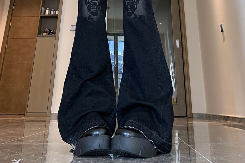 Porstina - Mid Rise Floral Washed Bootcut Jeans