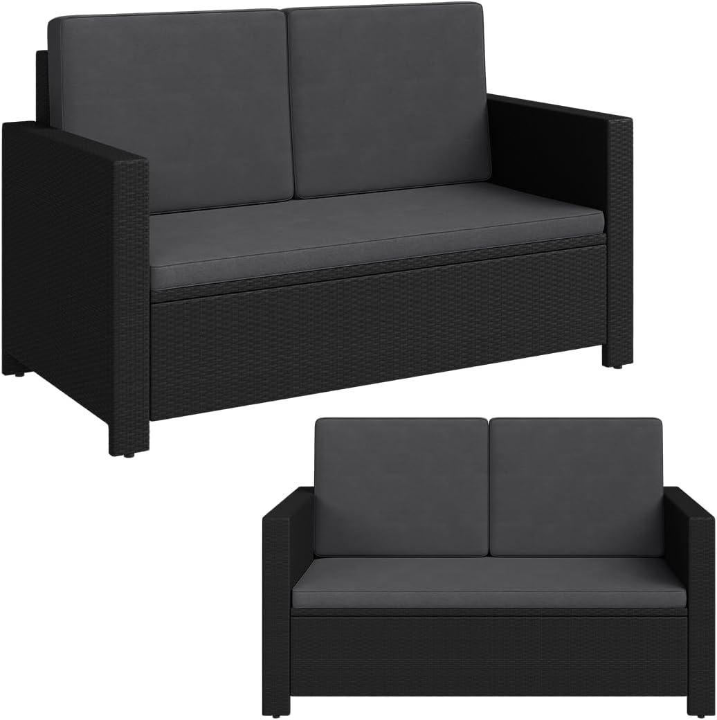 STEELSØN Gartenbank Elnath aus Polyrattan, Gartensofa für 2 Personen, Balkonmöbel 2er Sofa mit Polster wetterfest, Terrassenmöbel in schwarz/anthrazit 73x65x130 cm (HxTxB)