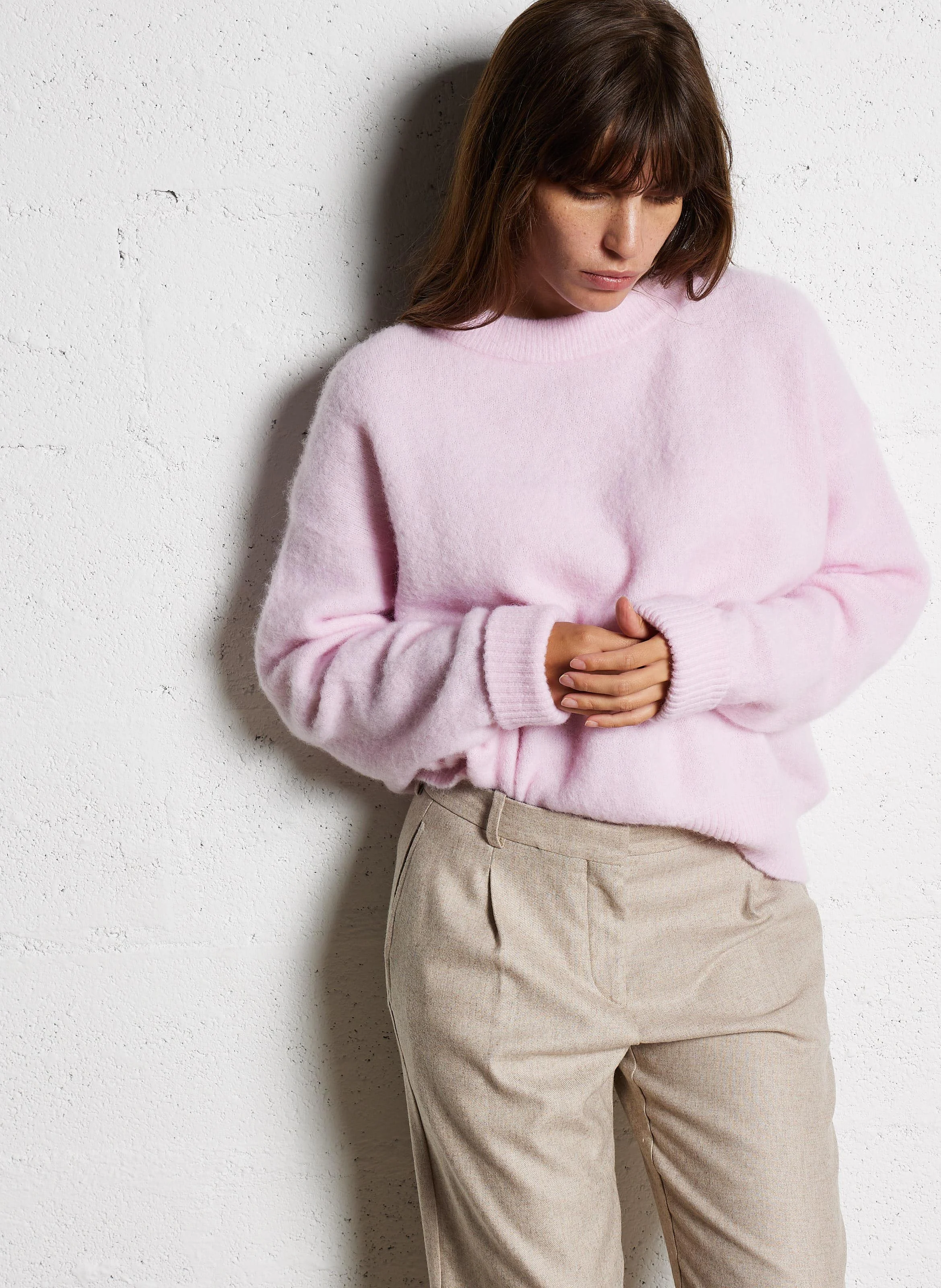 VITOW - Pull ample col rond en laine mélangée| Rose