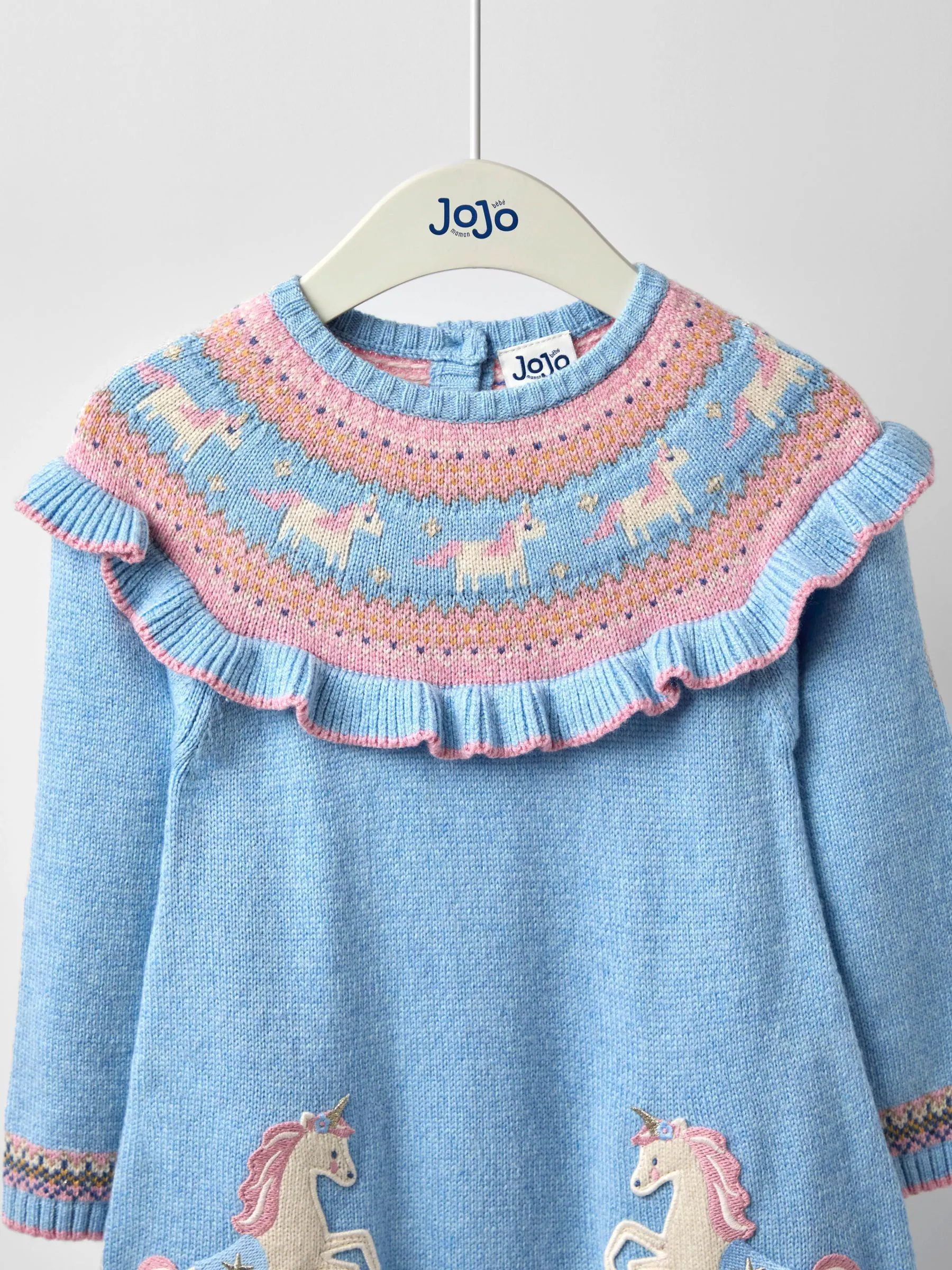 Blauw met eenhoornprint - JoJo Maman Bébé - Gebreide jurk met fairislemotief