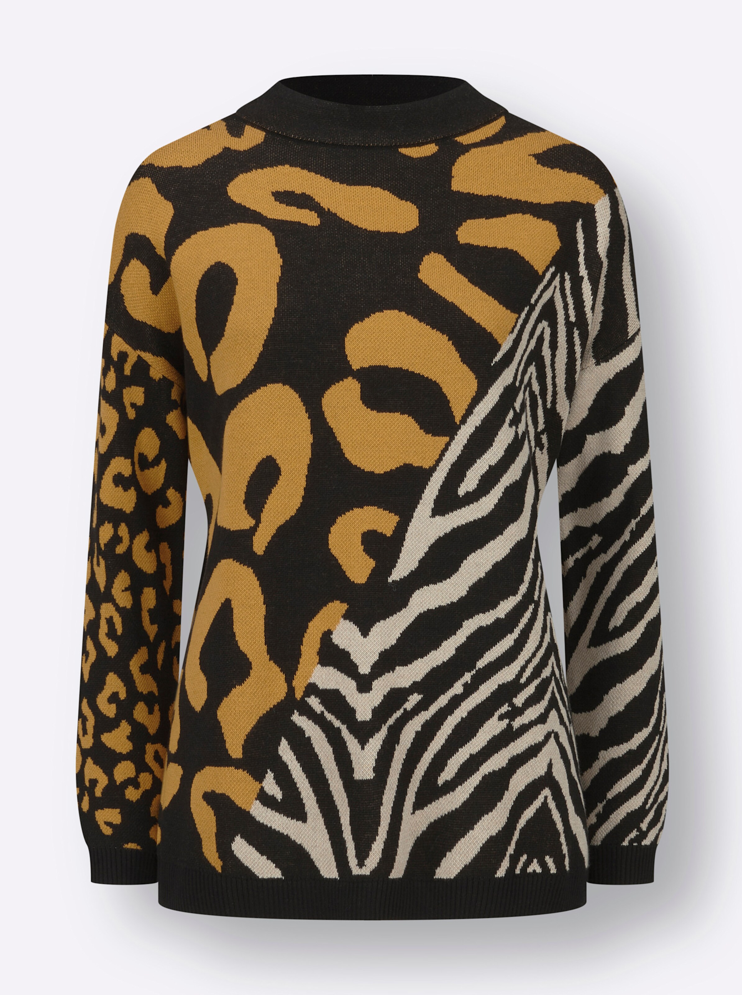 Jacquard-Pullover in schwarz-ocker-gemustert