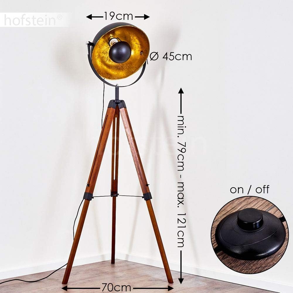 Stehlampe Jupiter, Stehleuchte aus Holz/Metall in Goldfarben/Braun/Schwarz, 1 x E27,Fußschalter am Kabel, verstellbare Stehleuchte mit anpassbaren Stellschrauben, ohne Leuchtmittel