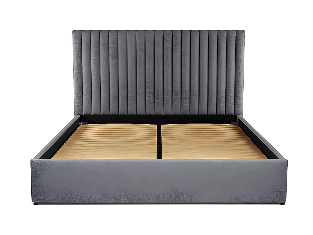 Lit coffre 160 x 200 cm avec tête de lit coutures verticales - Tissu - Gris + Matelas - SARAH