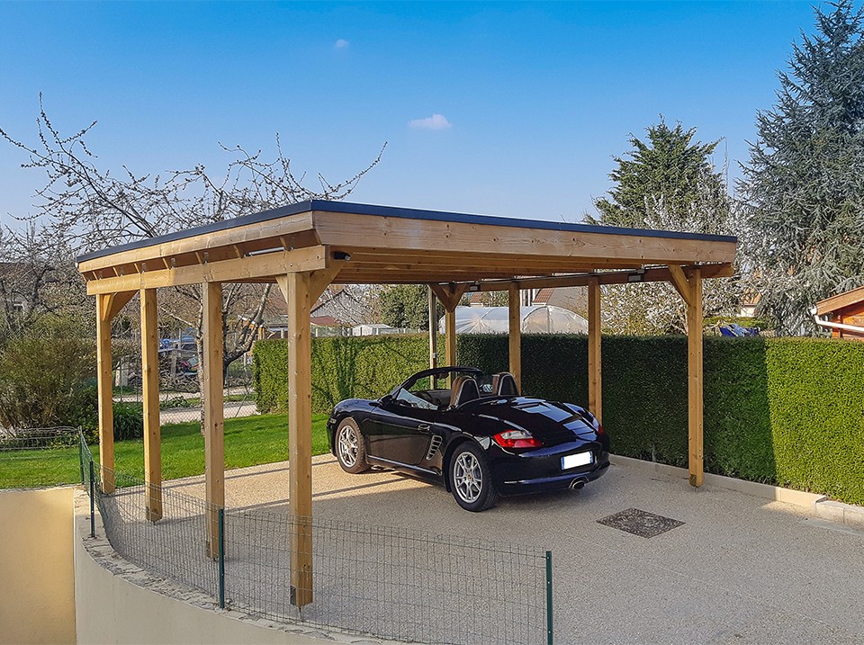 Carport bois castellane - 558x555 - panneau latéral intégré - toiture en bois + feutre bitumeux - abri 2voiture