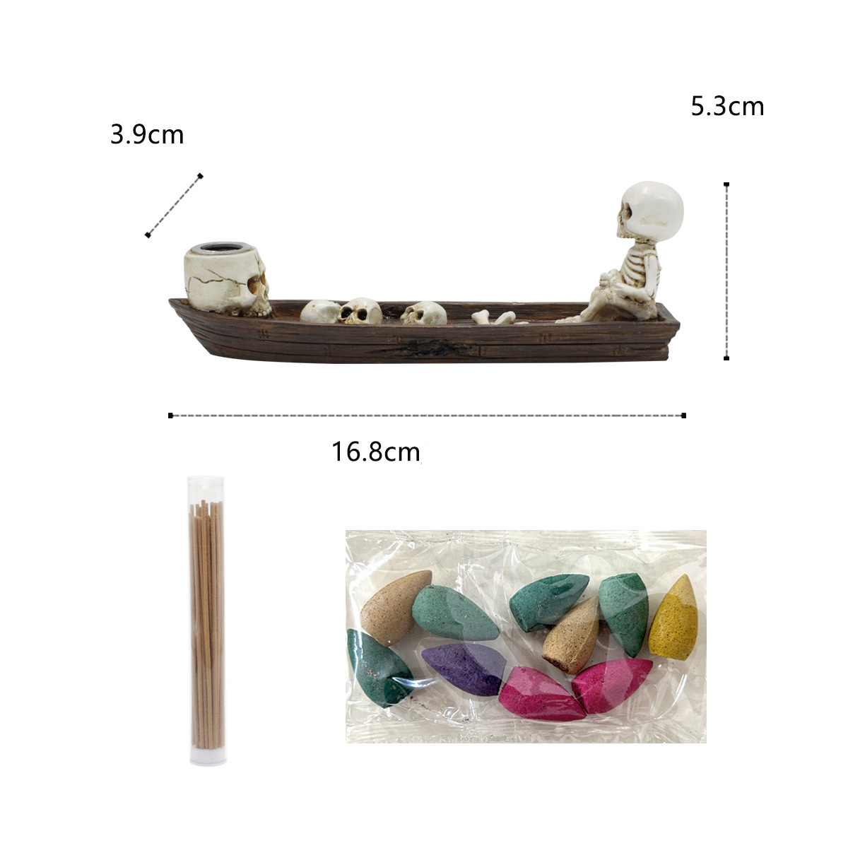 (17x5cm) Halloween Räucherstäbchen Halter Totenkopf Home Deko Aromatherapie Aschefänger inkl. Räucherstäbchen / Räucherkegel - Skelett