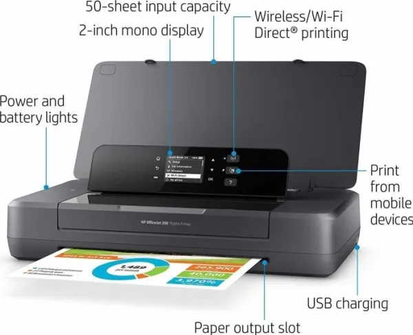 HP Officejet 200 Mobile Printer - Printer - farve - blækprinter - A4/Legal - 1200 x 1200 dpi - op til 20 spm (mono) / op til 19 spm (farve) - kapacitet: 50 ark - USB 2.0, USB vært, Wi-Fi