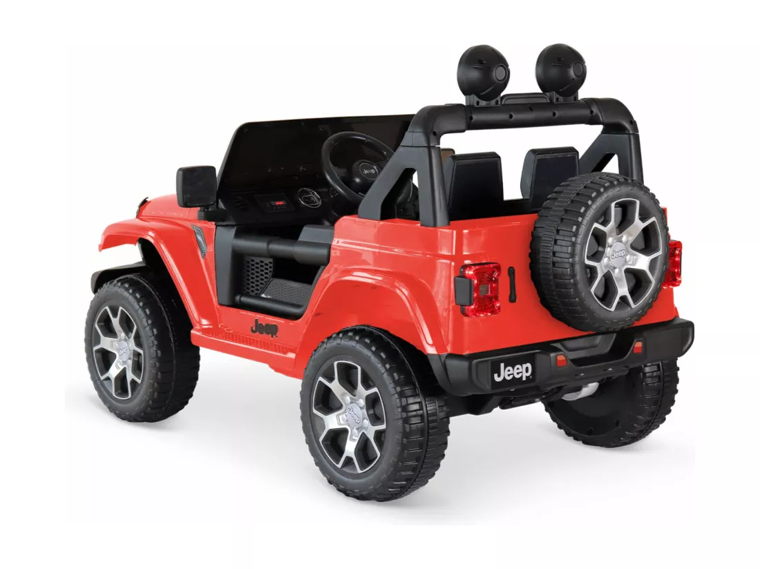 Voiture électrique 12V pour enfant - JEEP Wrangler Rubicon 2 roues motrices. rouge. 1 place. avec autoradio. télécommande. MP3. port USB / carte SD. prise jack et phares fonctionnels