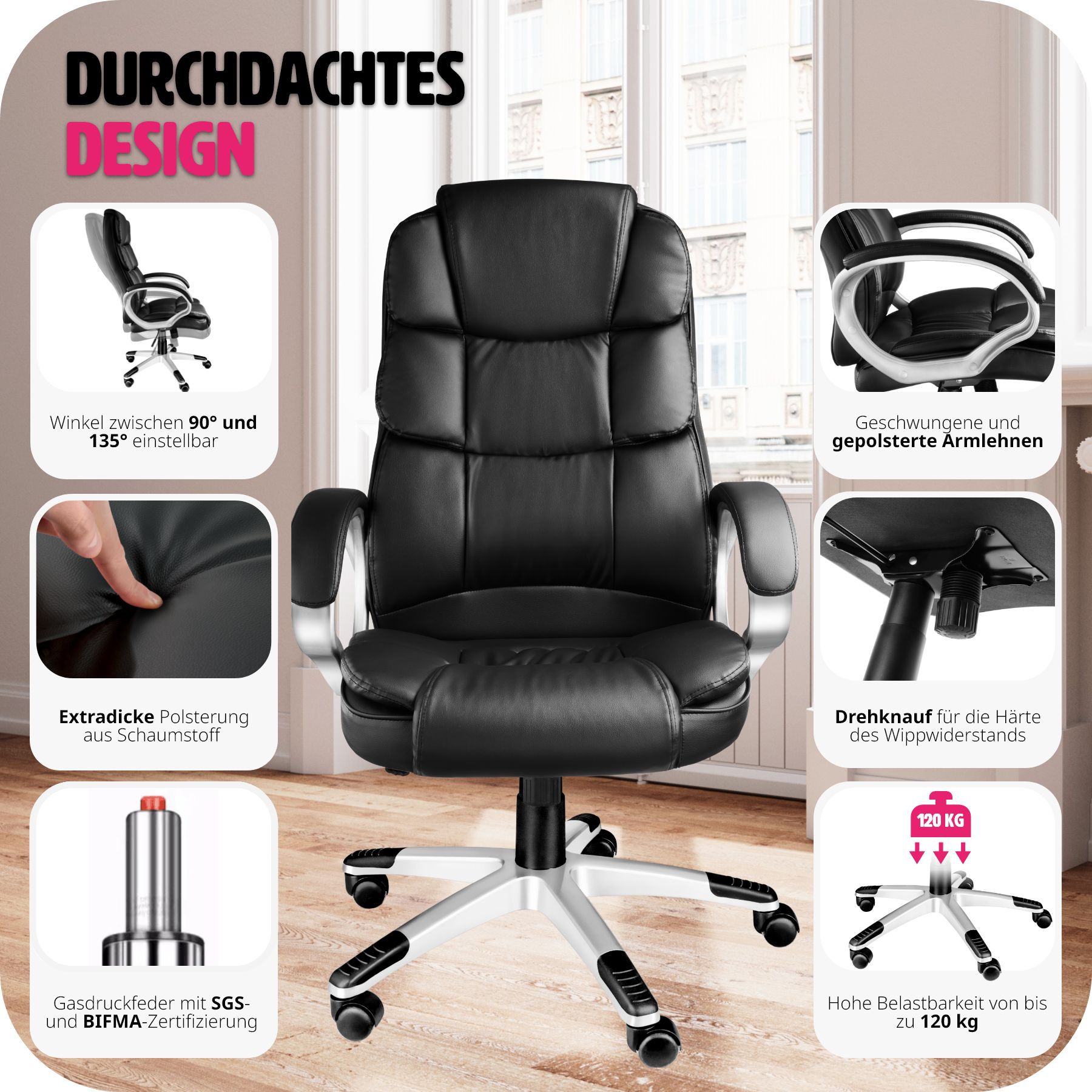 tectake® Bürostuhl, 360° drehbar und stufenlos höhenverstellbar, doppelte Polsterung mit Kunstlederbezug, einstellbare Wippfunktion