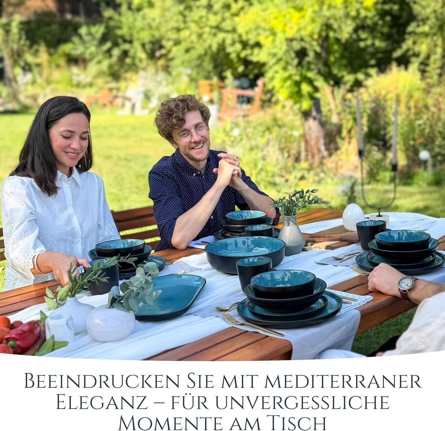 Steingut Geschirrset 6 Personen Ibiza 24 tlg. TESTSIEGER, Traumhaftes Mediterranes Steingut Geschirr Set, Schüssel- und Teller Set, Tafelservice 6 Personen, Geschirrsets Pure Living in Petrol
