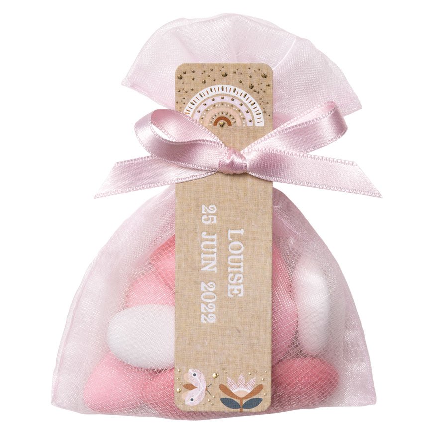 POCHETTE ORGANDI ROSE PALE ETIQUETTE ARC EN CIEL ROSE