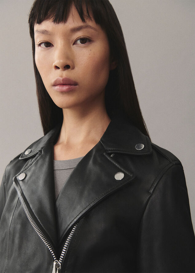 MANGO Leather biker jacket Black