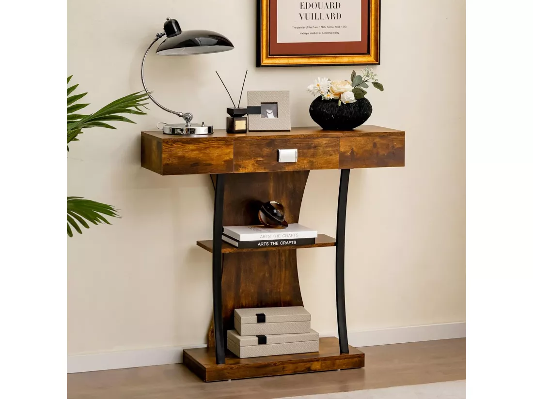 Table de Console Industrielle à 3 Étagères avec Tiroir, Meuble d'Entrée Vintage avec Dispositif Anti-Renversement 91 x 30 x 88cm (Marron)