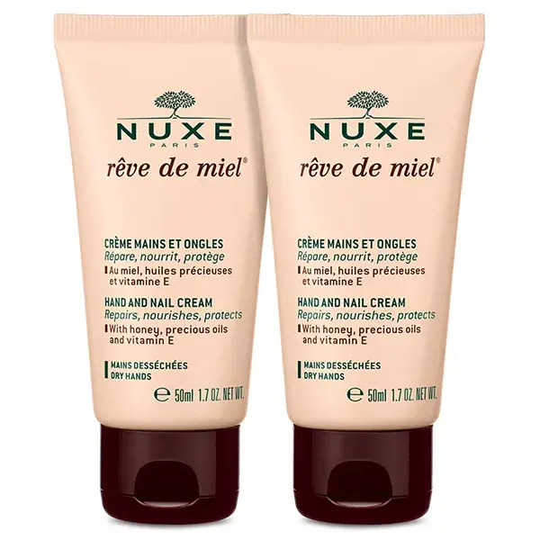 Creme para mãos e unhas Nuxe Rêve de Miel, embalagem com 2 unidades de 50ml