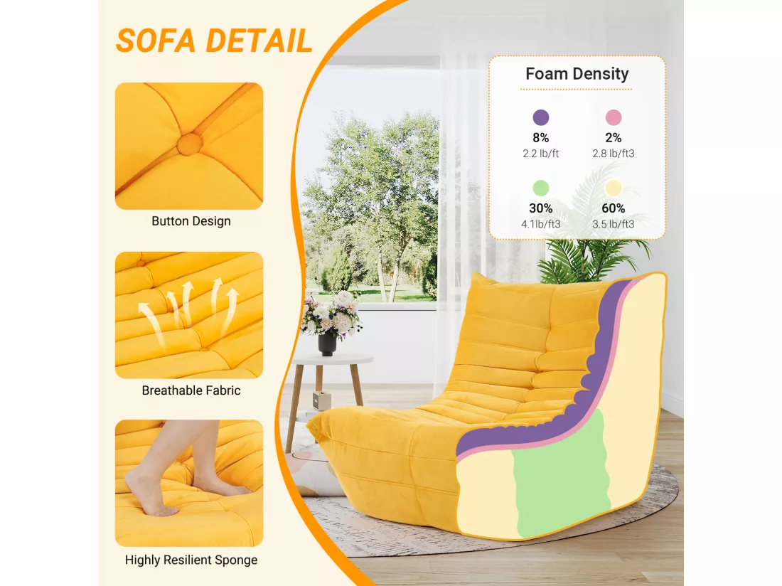 Fauteuil paresseux en tissu Chenille jaune - assise profonde 62cm - 80x85x84cm
