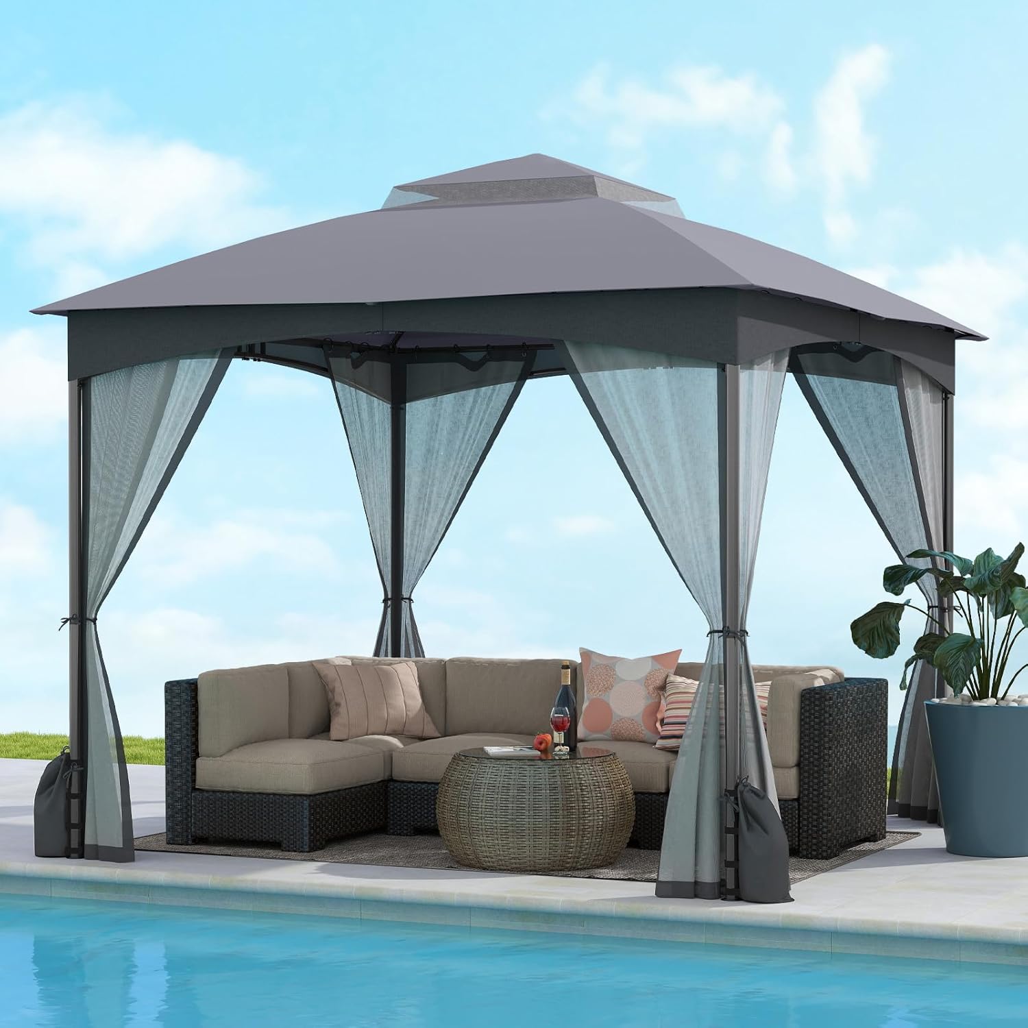 COSTWAY Pavillon 3 x 3 m, Gartenpavillon mit 4 Sandsäcken & 4 Moskitonetz & Doppeldach, Wasserdicht & Stabil & Winterfest, Gartenzelt inkl. Haken, Partyzelt für Terrasse Garten (Grau)