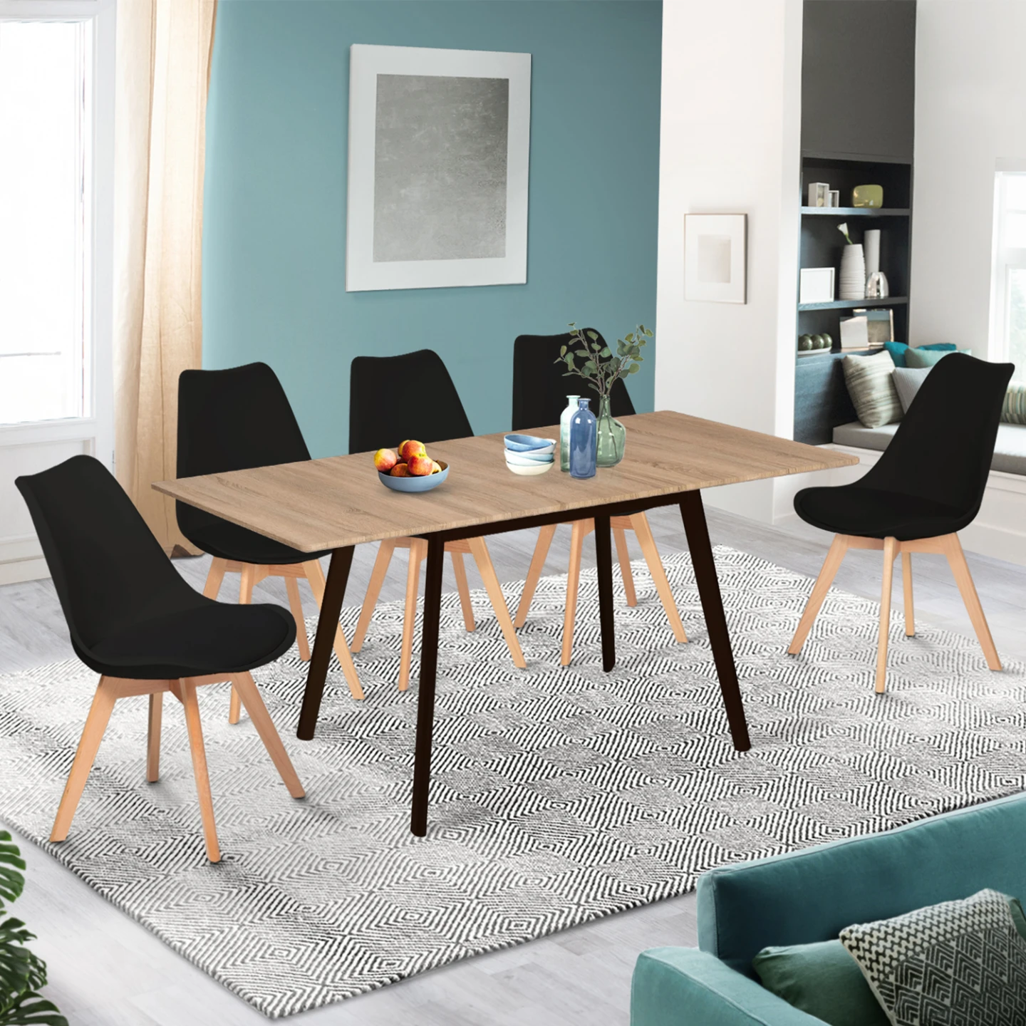 Table scandinave extensible rectangle INGA 4-8 personnes plateau bois pieds noirs 120-160 cm