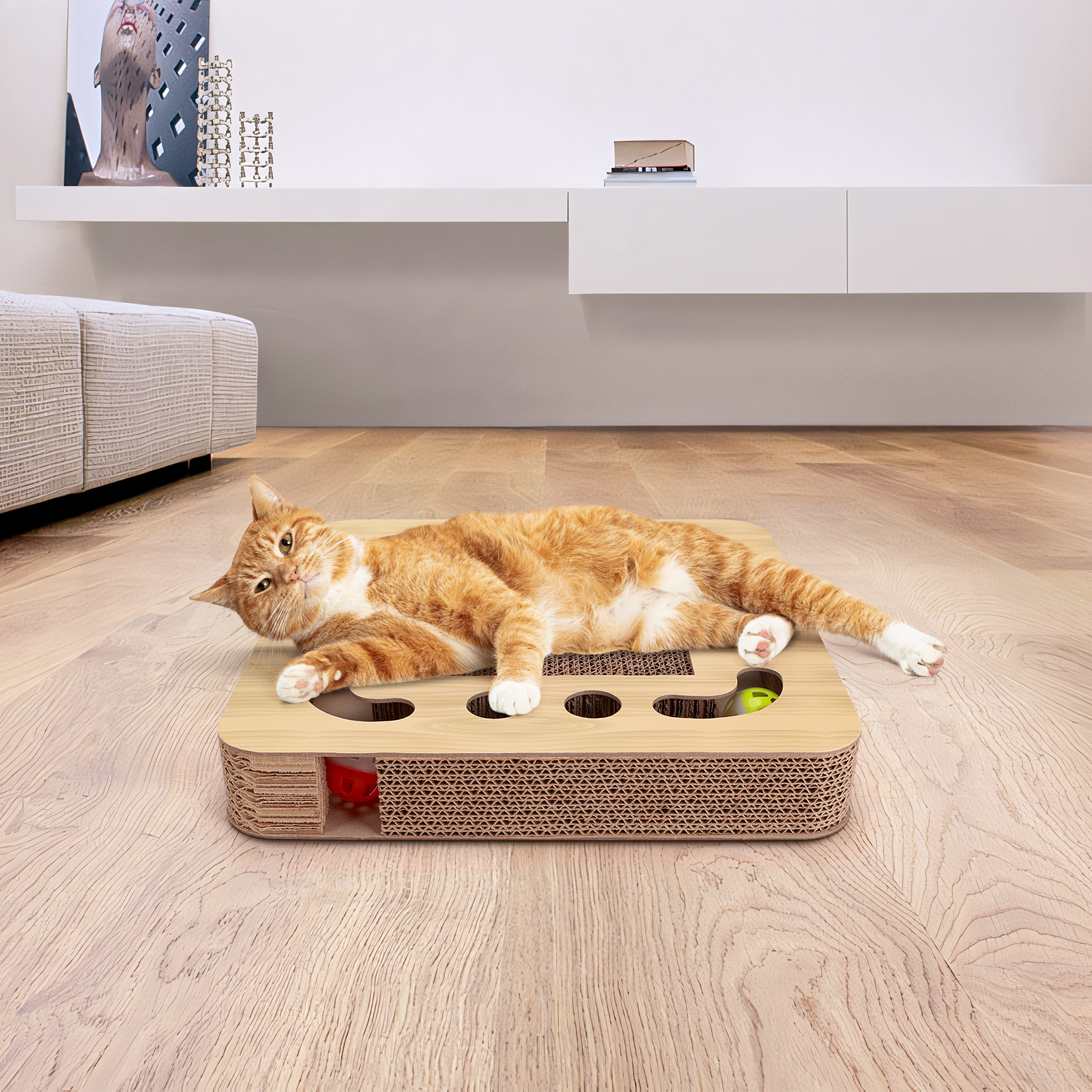 Arranhador para Gatos Nobleza com Catnip, Arranhador Redondo de Papelão para Cama com 2 Bolas Interativas para Gatos