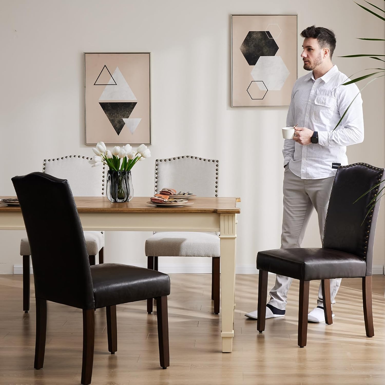 Sweetcripy Esszimmerstühle 2er-Set, hochwertiger gepolsterter Esszimmerstuhl aus Leder mit Nagelkopfbesatz und Holzbeinen, Esszimmerstuhl für Schlafzimmer, Wohnzimmer, Esszimmer, Braun