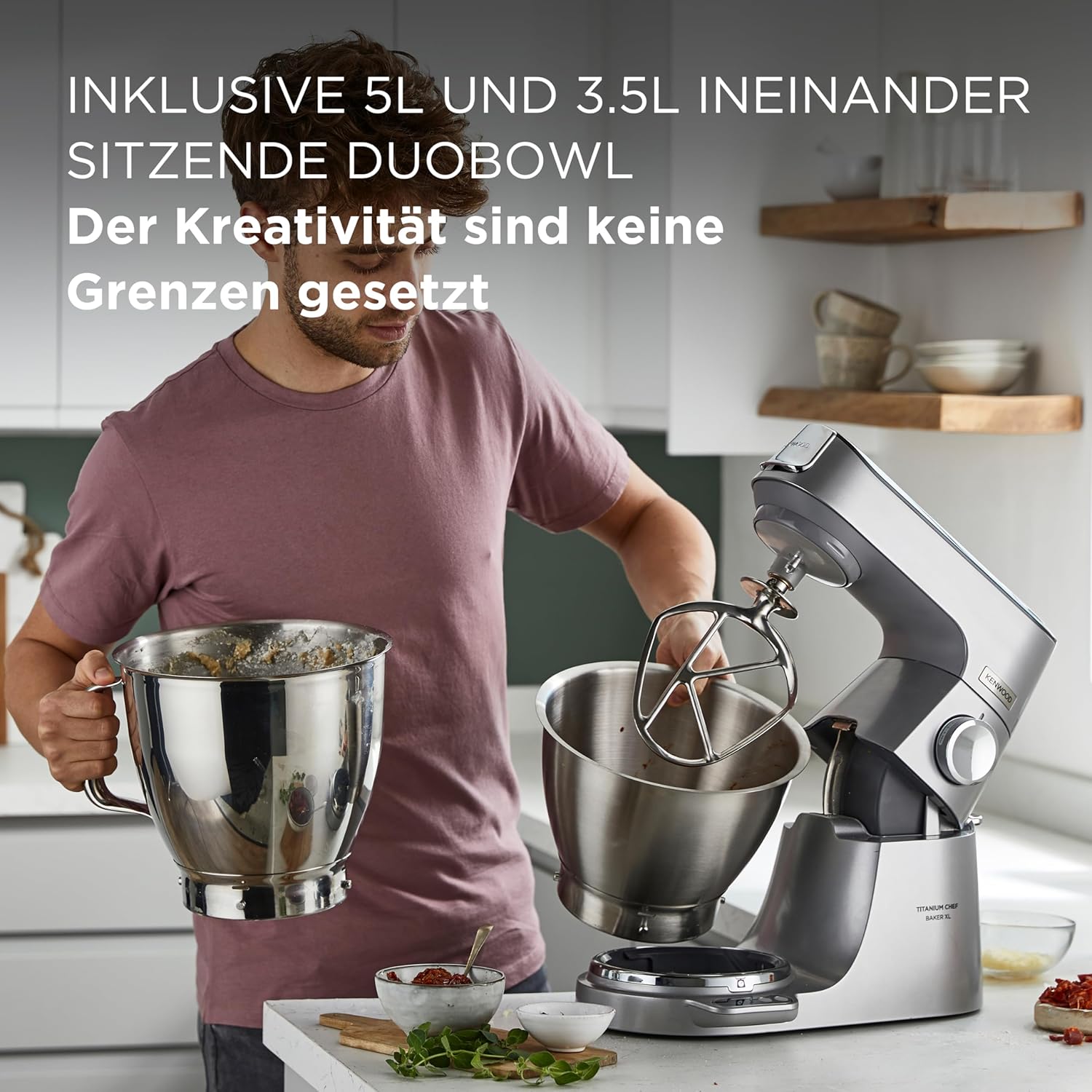 Kenwood Titanium Chef Baker XL KVL85.424SI Küchenmaschine mit integrierter Waage, inkl. 4-teiligem Patisserie-Set, 7 L und 5L Rührschüssel, stufenloser Geschwindigkeitsregler, 1200 W, Silber