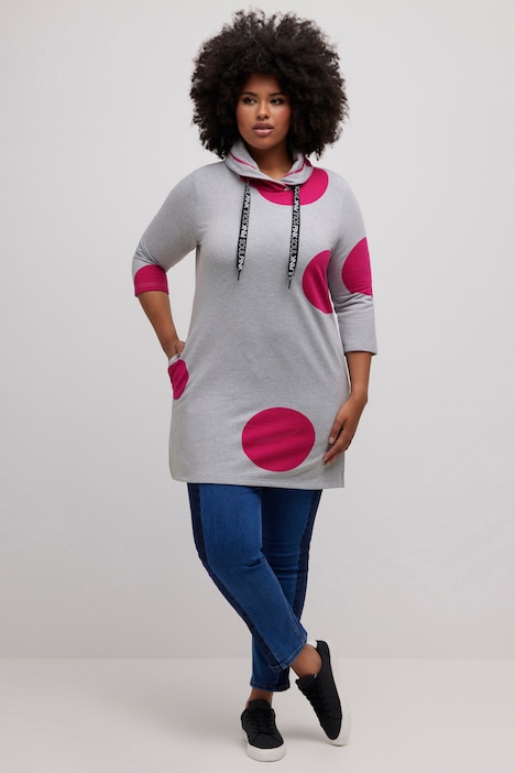 Long-Sweatshirt, Punkte, A-Linie, Stehkragen, 3/4-Arm