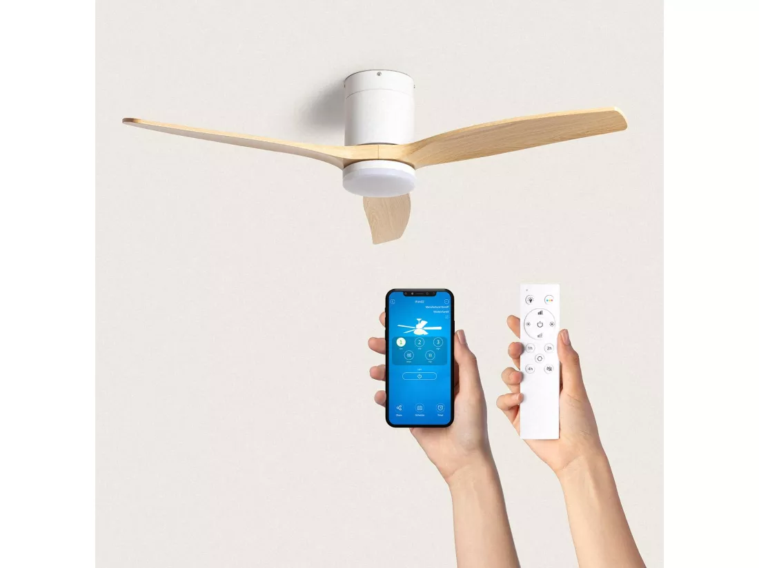 Ventilateur de Plafond Silencieux Angistri Blanc 132cm Motor DC Bois clair Télécommande Avec lumière Oui