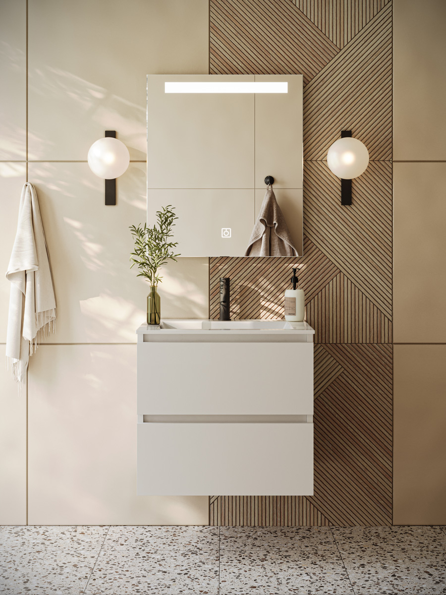 Fontana Rovigo badmeubel 60cm wit mat met witte wastafel met kraangat en spiegel met verlichting