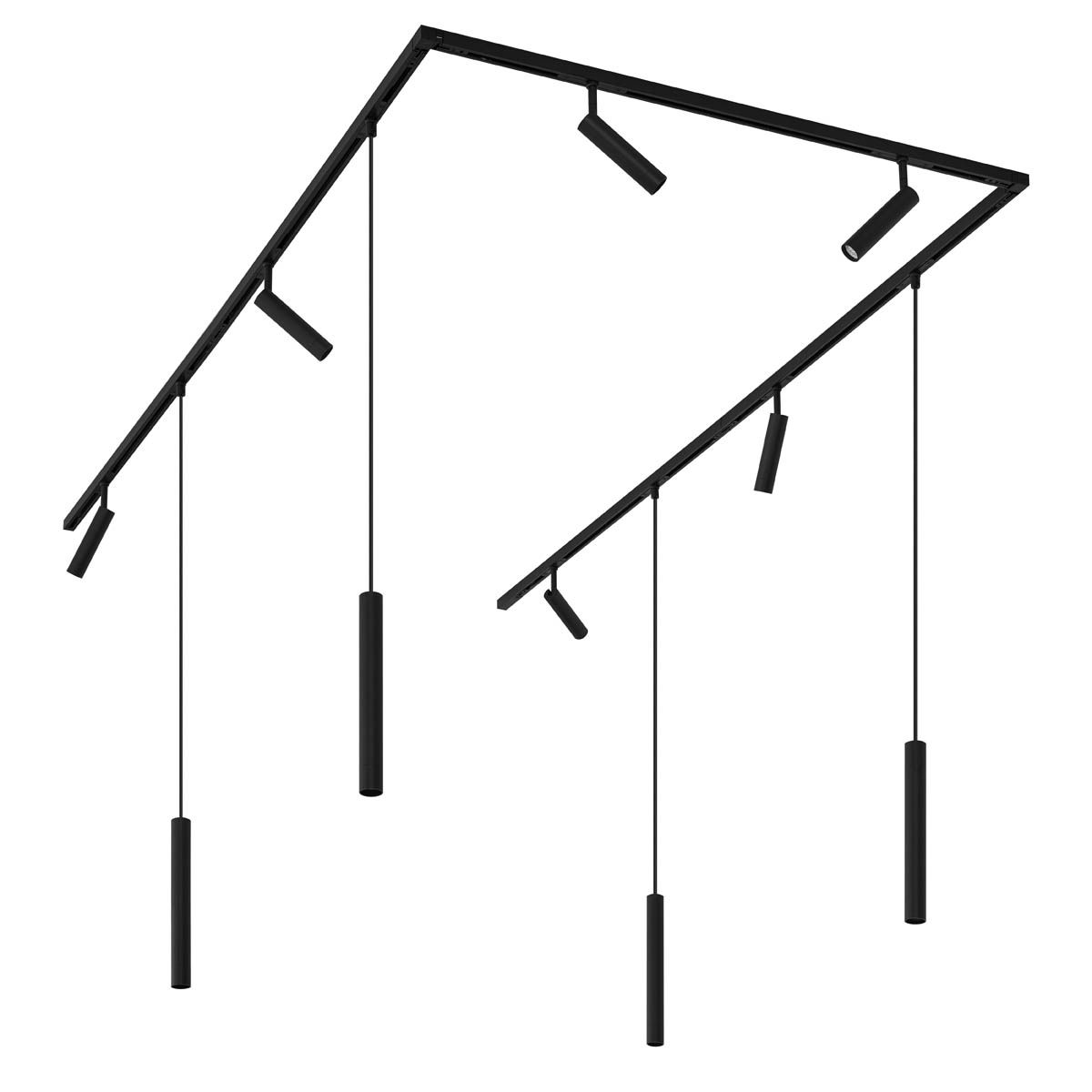 Modern railsysteem met 6 spots en 4 hanglampen zwart 1-fase - Slimline Uzzy Keno