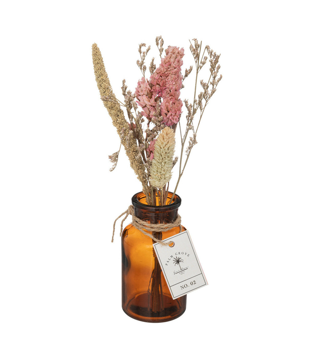 Composition de fleurs séchées vase en verre coloré h 23 cm