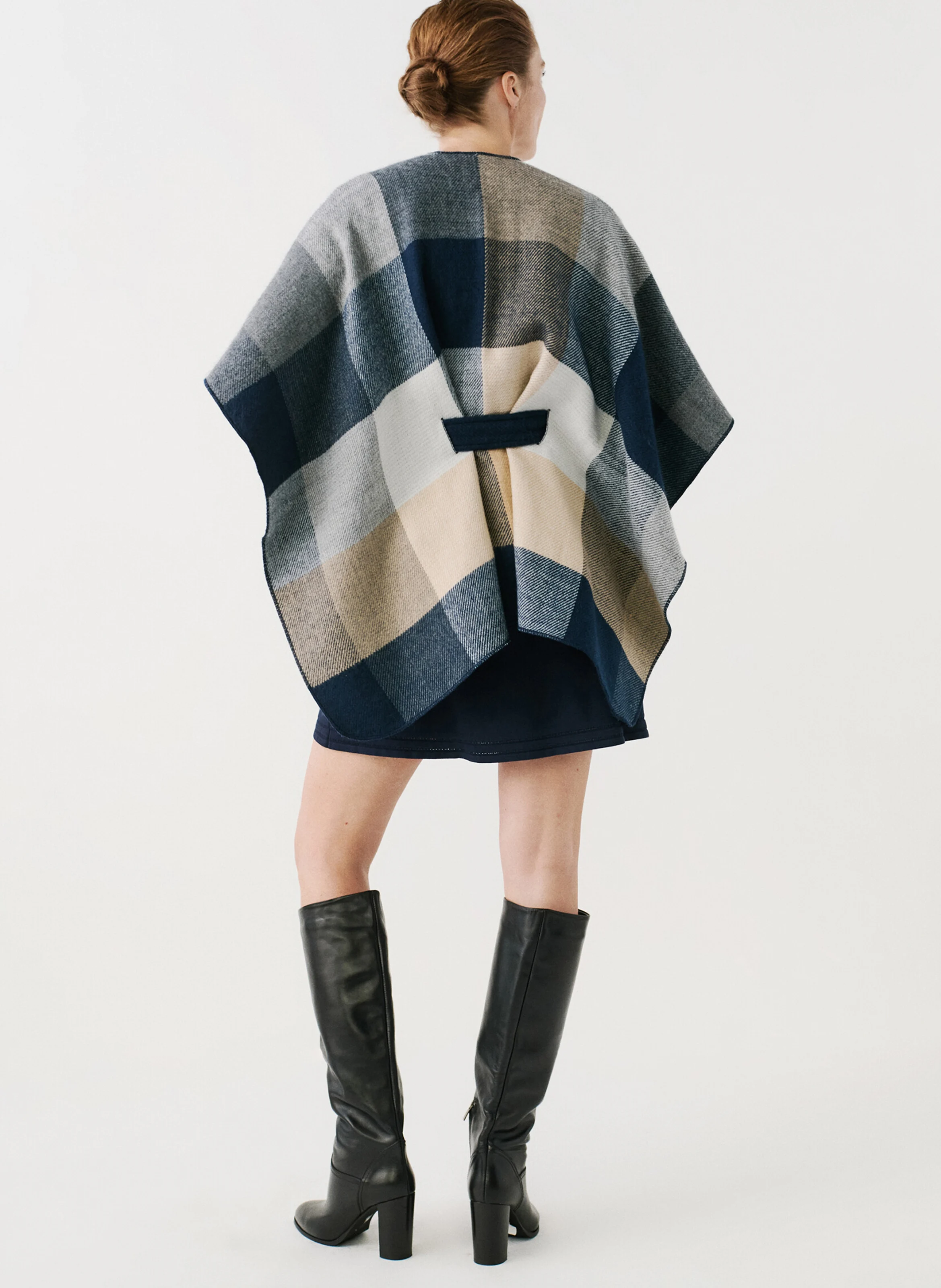 HABELTY - Poncho col V à carreaux | Bleu