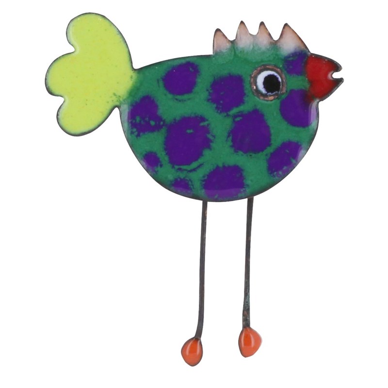 Broche Poule Émaillée Verte à Pois Bleu
