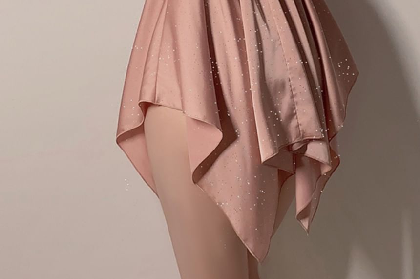 Dshe - Asymmetrische babydoll met vlinderborduursel / kanten rand / ceintuur / set
