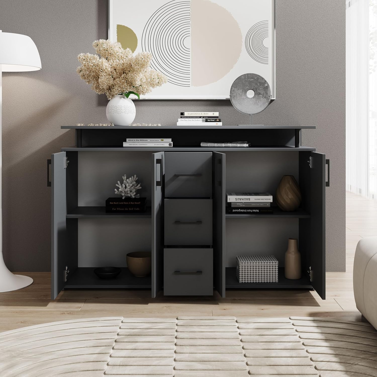 Drift Highboard mit Ablage in Anthrazit - Moderner Wohnzimmerschrank mit Schubladen und viel Stauraum für Ihren Wohnbereich - 139 x 90 x 34 cm (B/H/T)