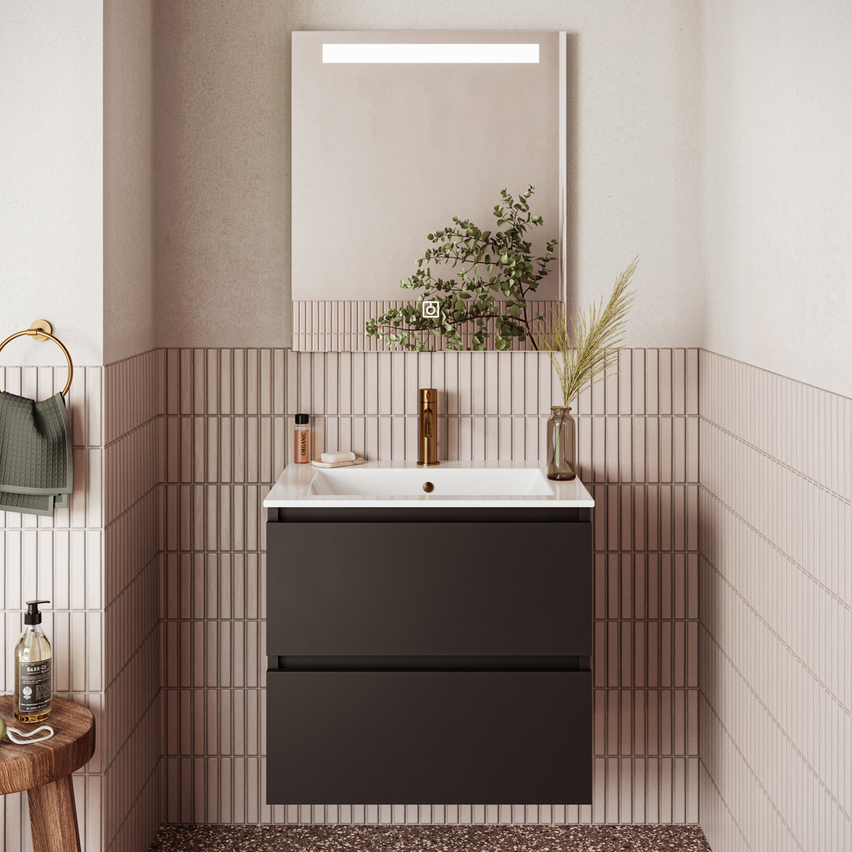 Fontana Rovigo badmeubel 60cm zwart mat met witte wastafel met kraangat en spiegel met verlichting
