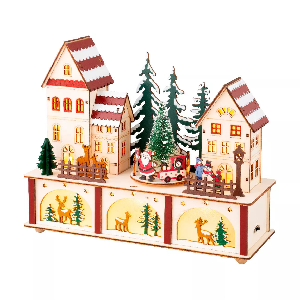 Village de Noël en bois lumineux et musical à piles (27 x H22 cm) Cœur du village Coloré