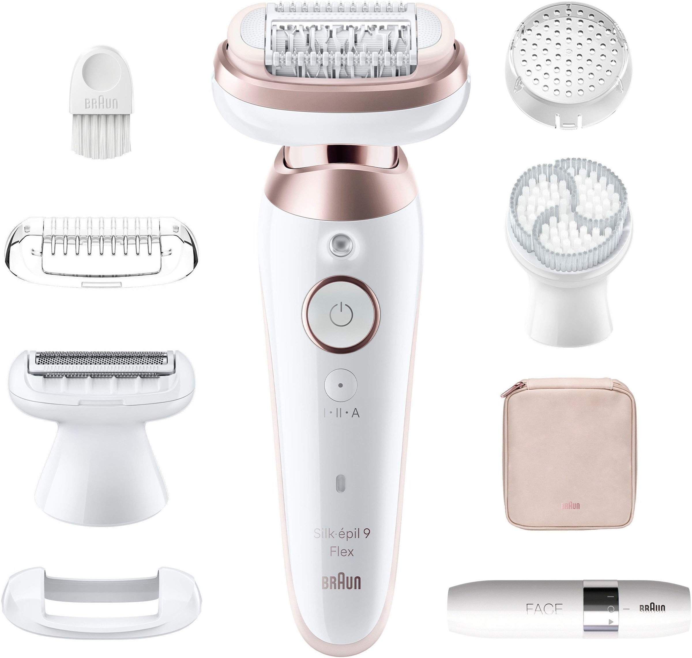 Braun Epilierer »Silk-épil Flex 9 9-360« mit Rasier-, Trimmer- & Peelingaufsatz, Mini-Rasierer für das Gesicht