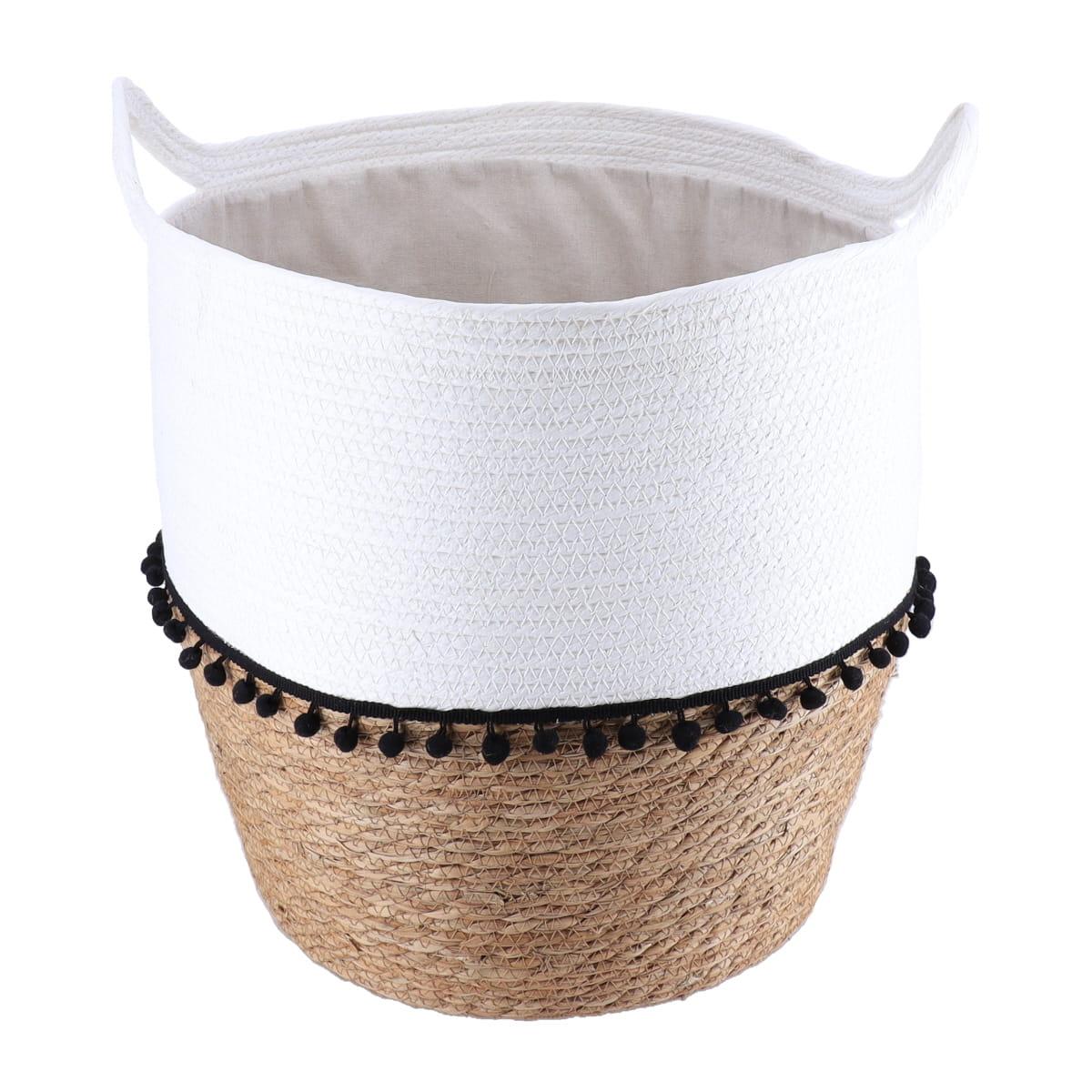 PANIERE RONDE DECO POMPONS D.37X43CM BLANC NATUREL