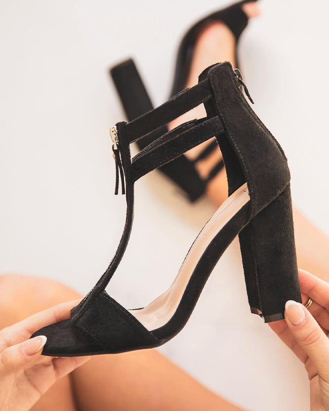 Sandale femme talon carré noir daim - Mia