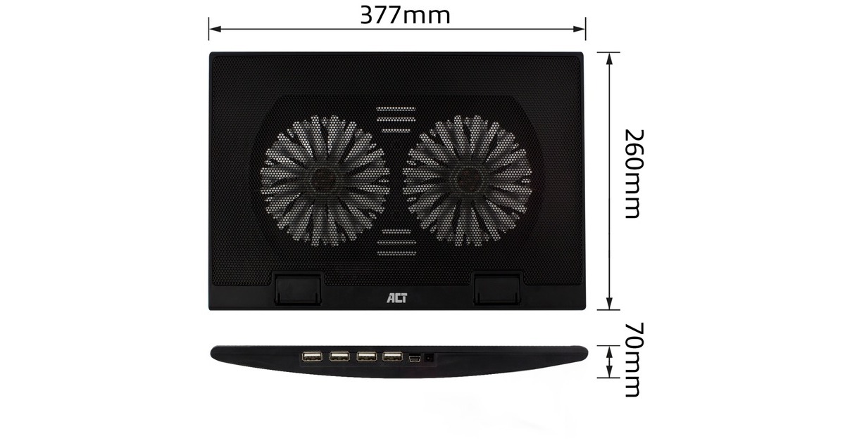 ACT ConnectivityLaptopstandaard, met ventilator, hoogte verstelbaar in 2 standen  (Zwart, 4-poorts USB 2.0 hub)