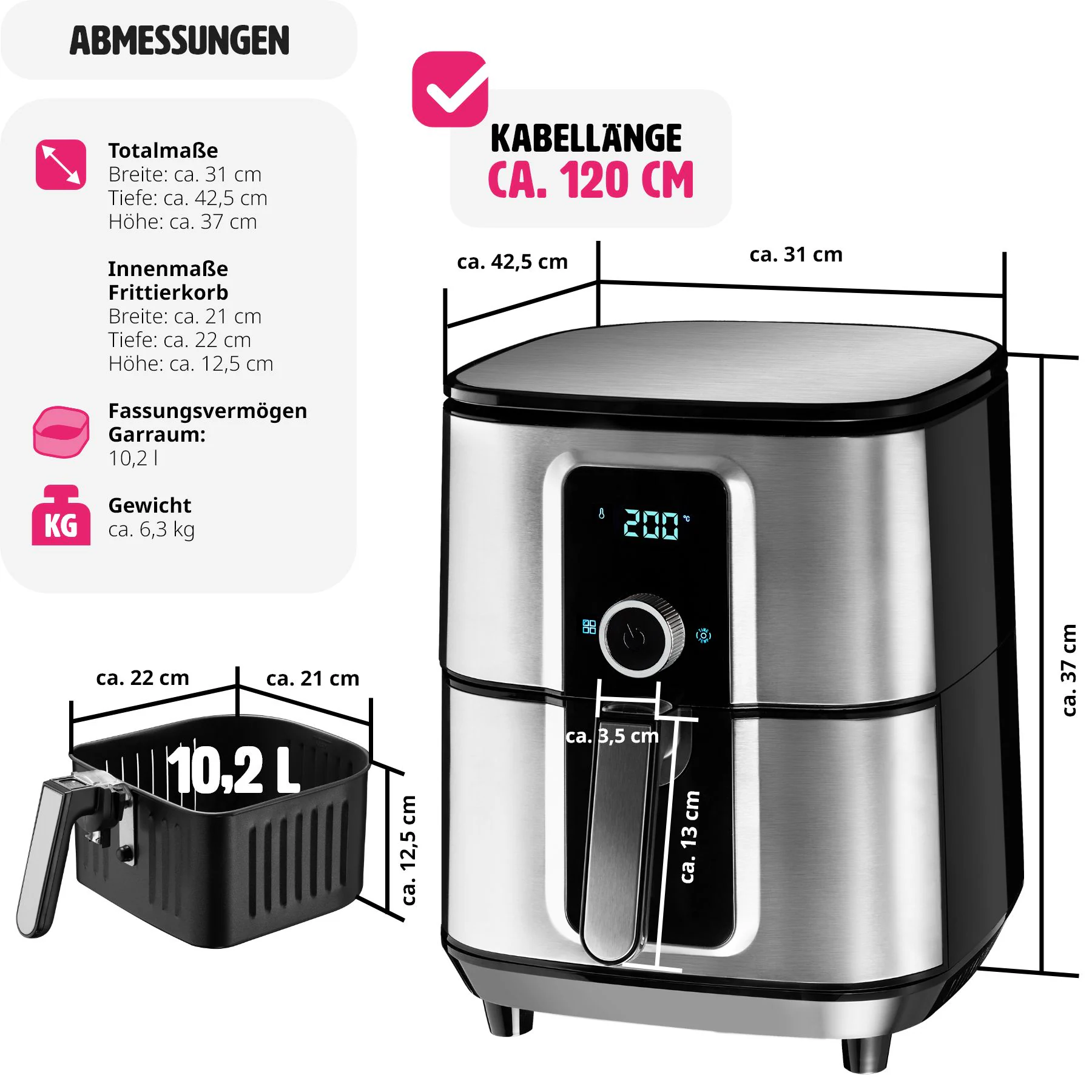 tectake® Heißluftfritteuse, 10,2 l, 1800 W, Timer und Temperatursteuerung, SGS-Zertifikat, inklusive Rezeptheft