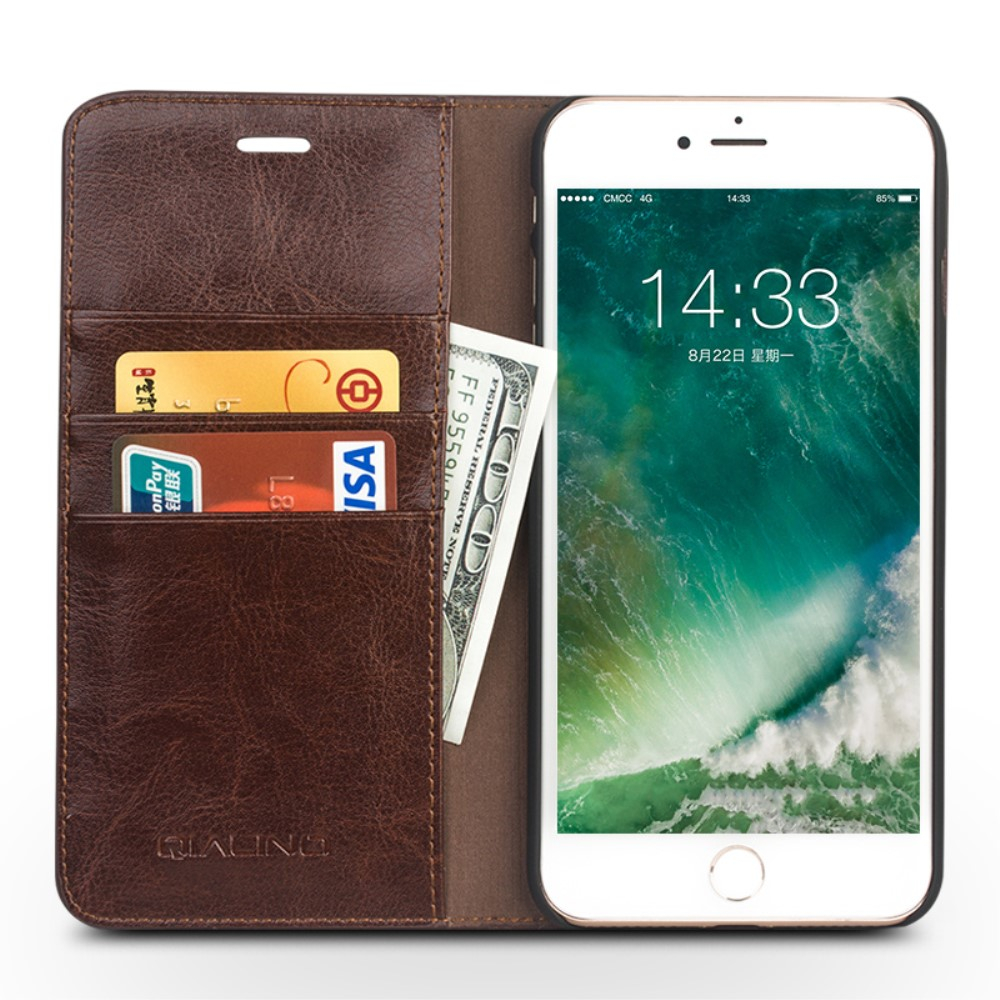 iPhone SE (2022/2020) / 8 / 7 / 6S Echtleder Tasche Flip Cover mit Kartenfächer - Braun