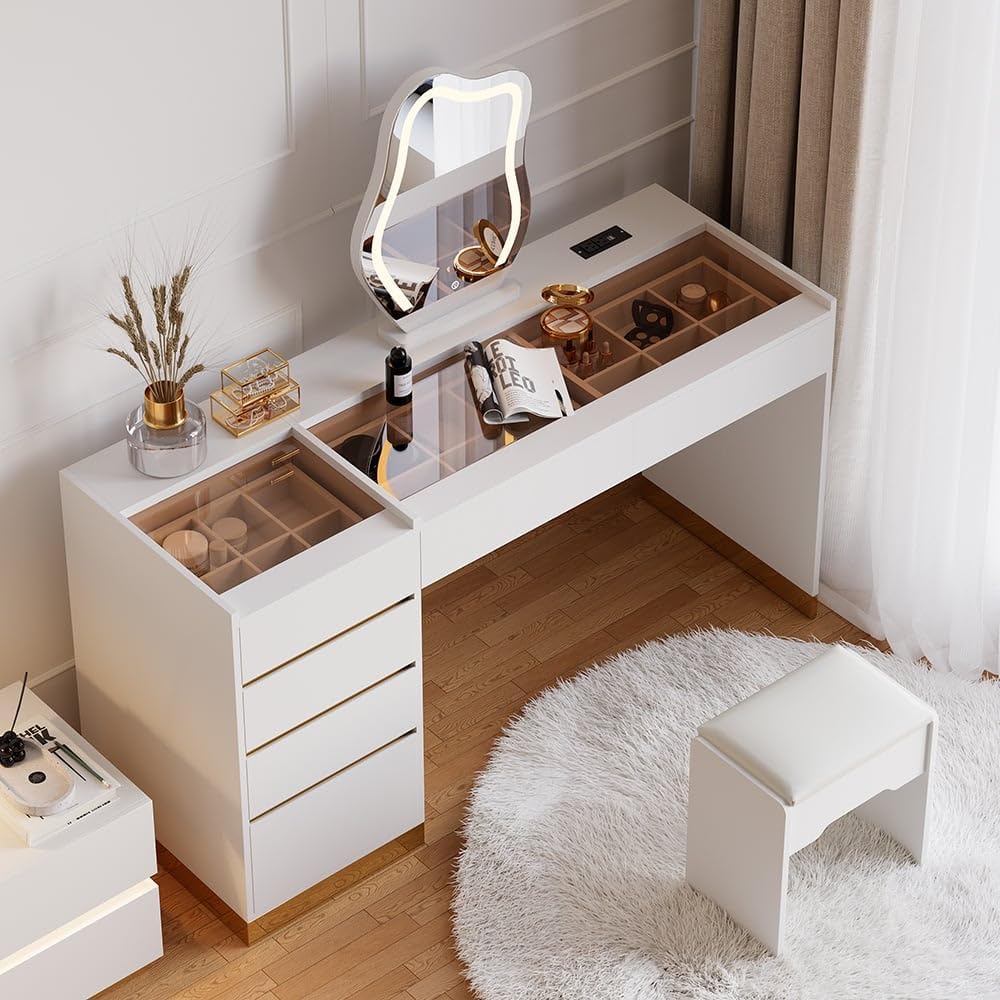 Homary Schminktisch mit Spiegel, Beleuchtung, USB-Ladestation und Stauraum Eleganter Modernes Schminktisch mit 3 Modi beleuchtetem Spiegel, und integriertem Schmuckdisplay, Weiß