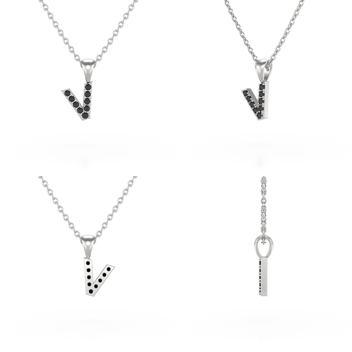 Collier Pendentif ADEN Lettre V Or 750 Blanc Diamant Noir Chaine Or 750 incluse 0.72grs