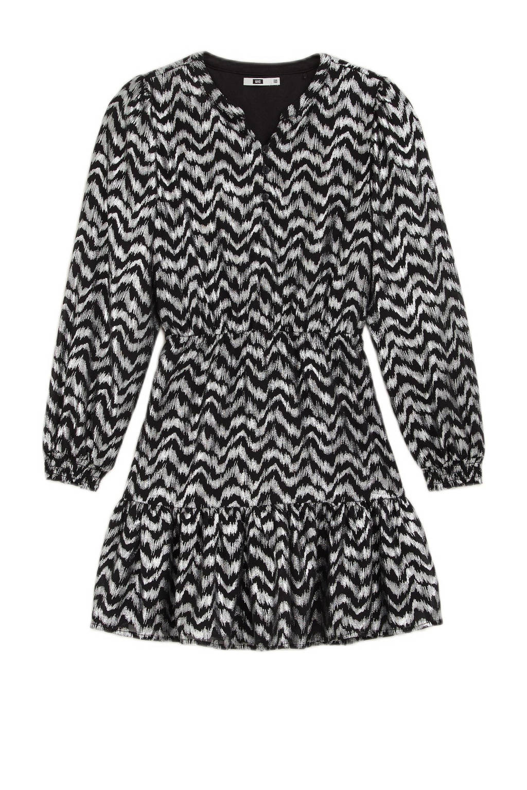 WE Fashion jurk met all over print en ruches zilver/zwart
