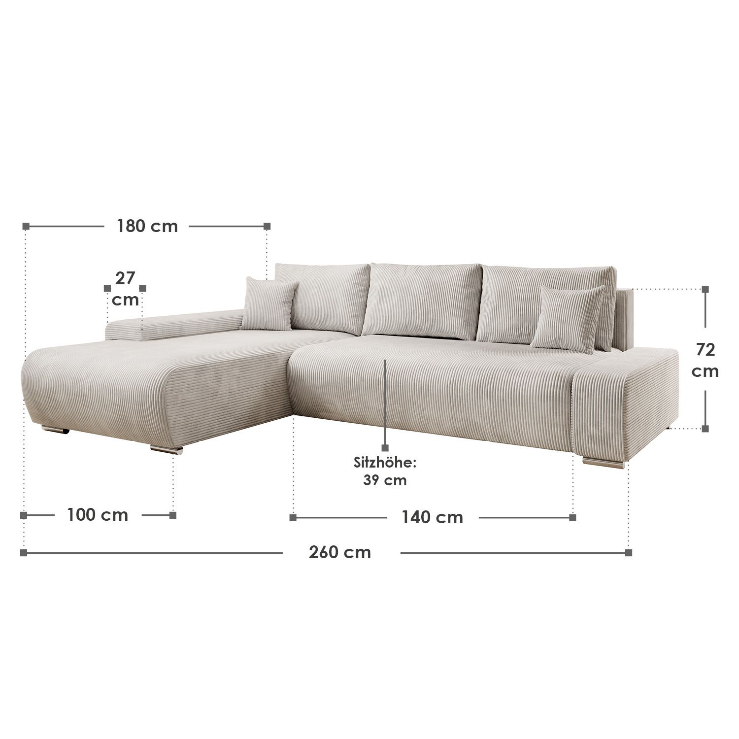Juskys Sofa Iseo Links mit Schlaffunktion - Stoff Couch L Form für Wohnzimmer - Beige