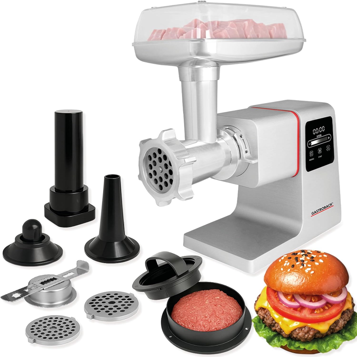 GASTROBACK Elektrischer Fleischwolf mit Wurstfüller und Spritzgebäckvorsatz - 2500 Watt 6-in-1 Edelstahl Meat Grinder - Wurstfüllmaschine elektrisch mit Touch Screen inkl Burger-Presse