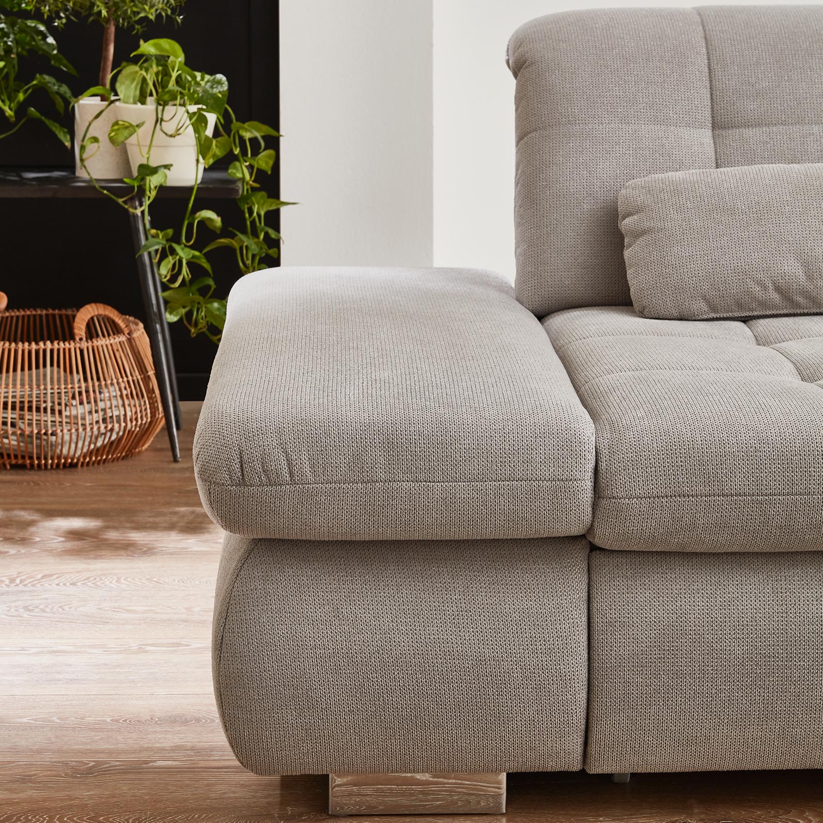 polsterpower Ecksofa - silber - mit Funktionen - Anstellhocker links