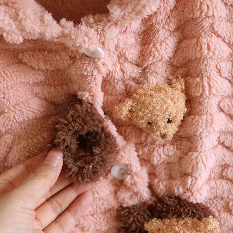 MelMount - Hooded Coral Fleece Bear Button Robe
